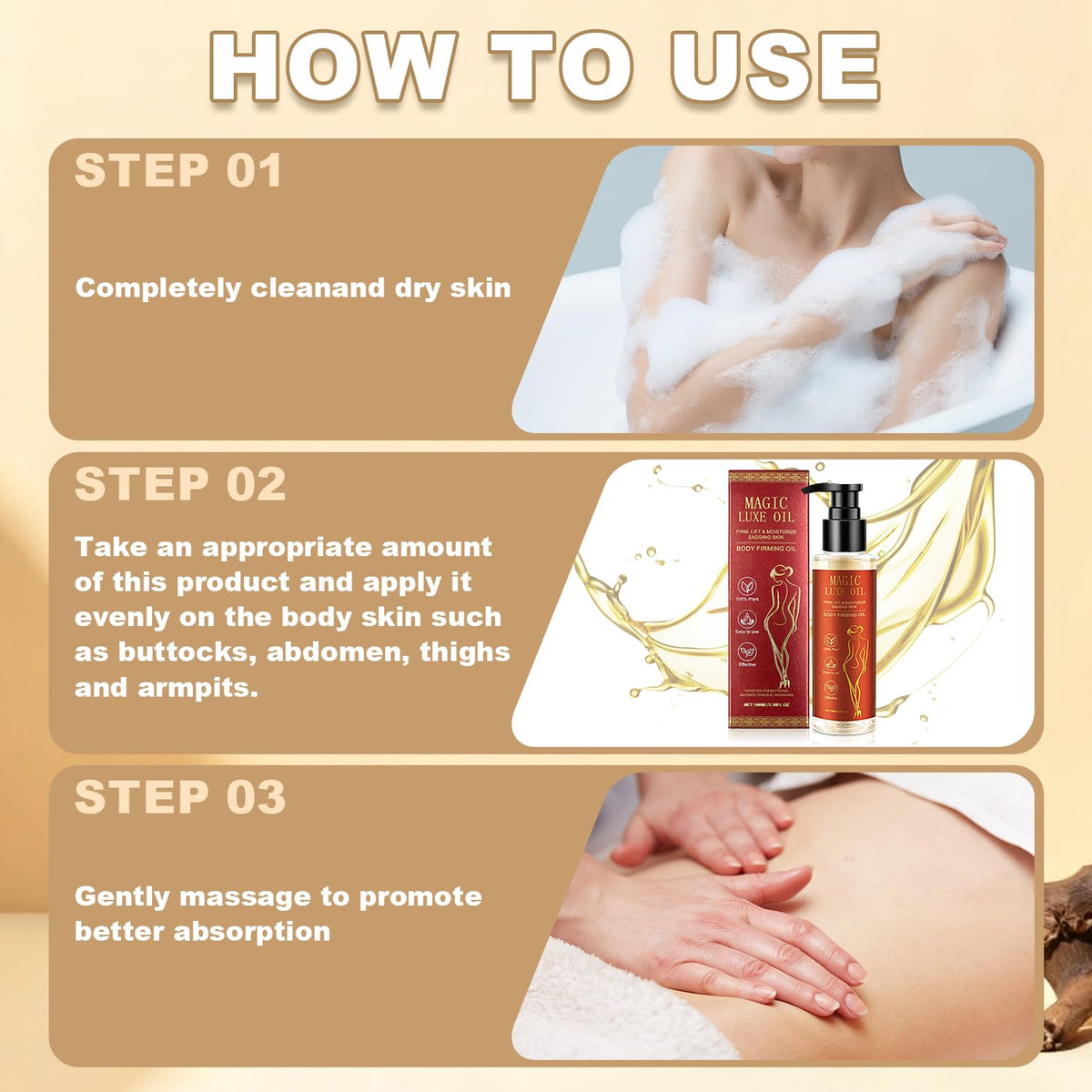 MAGIC LUXE OIL applied to arm illustrating smooth glide and instant softening benefit