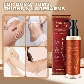 MAGIC LUXE OIL bottle staged with gift box conveying luxury spa-gift presentation