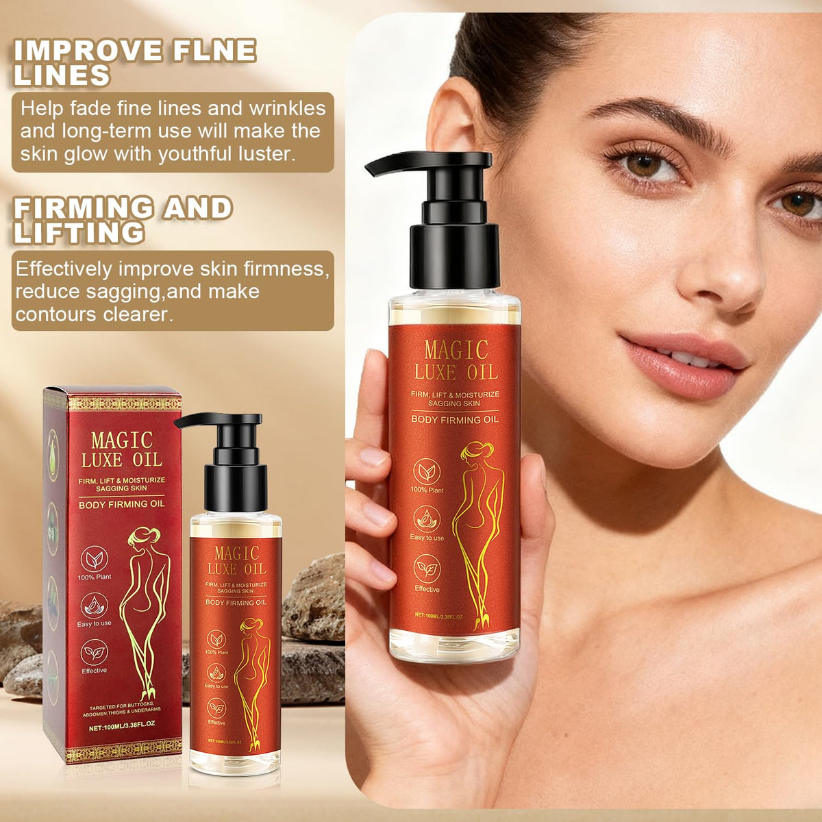 MAGIC LUXE OIL size comparison in hand displaying compact 3.38 fl oz travel-friendly benefit