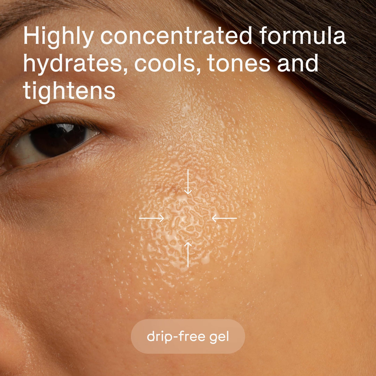 Magic Molecule being sprayed onto cheek near eye to soothe and cool sensitive skin