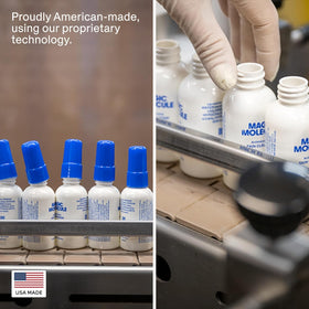 Magic Molecule bottles on bathroom shelf next to skincare for daily routine integration