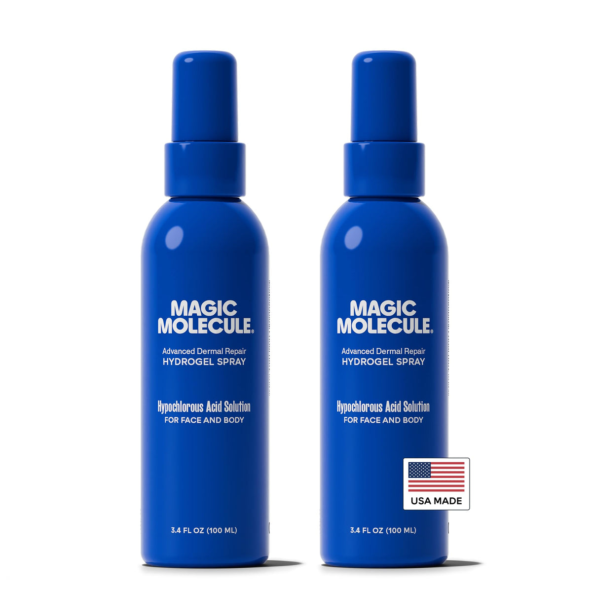Magic Molecule front packaging shows two 3.4 oz bottles, travel-friendly convenience