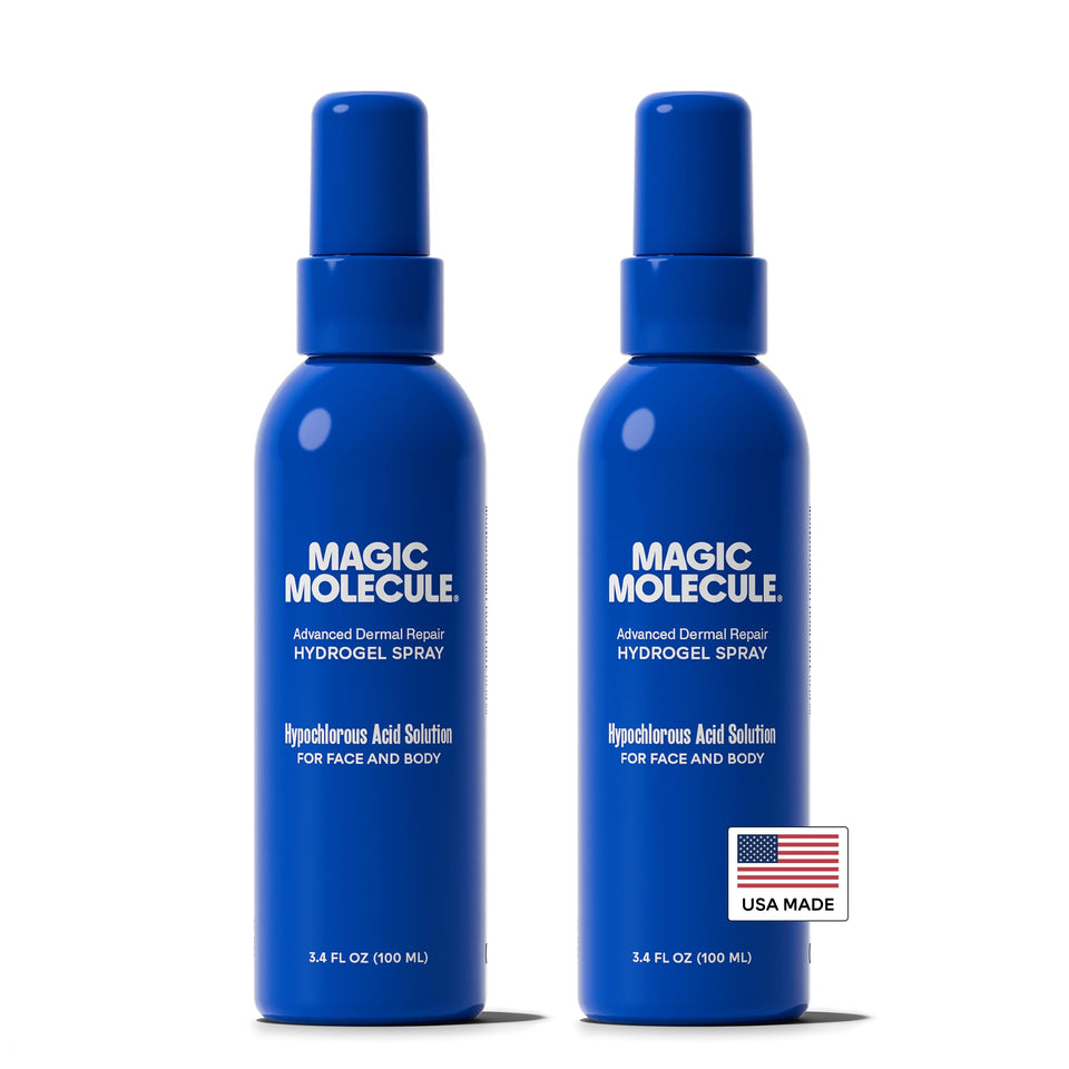 Magic Molecule front packaging shows two 3.4 oz bottles, travel-friendly convenience