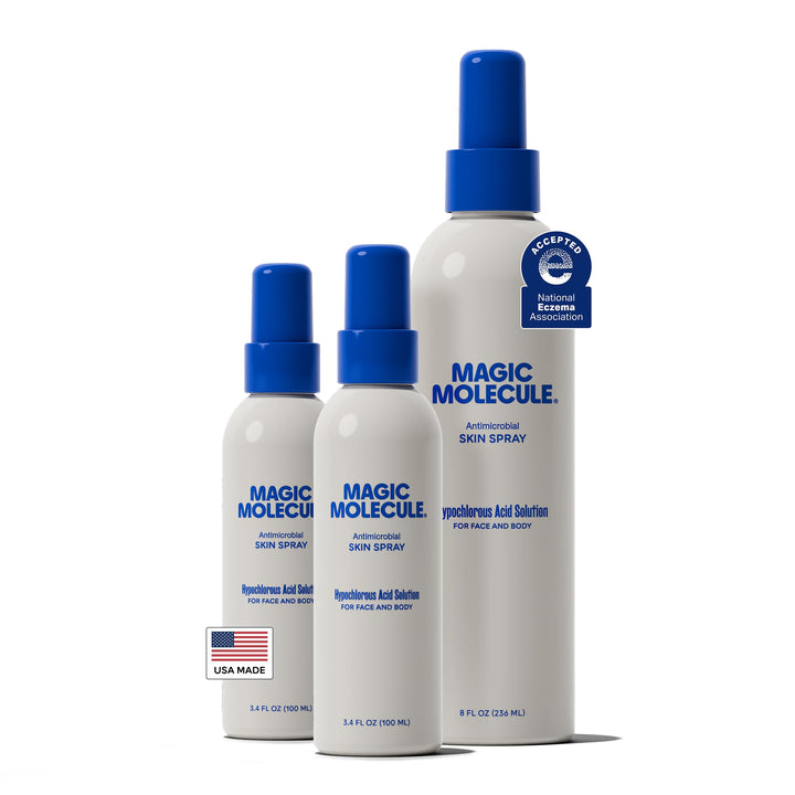 Magic Molecule front packaging showing 8oz and two travel bottles for convenient use