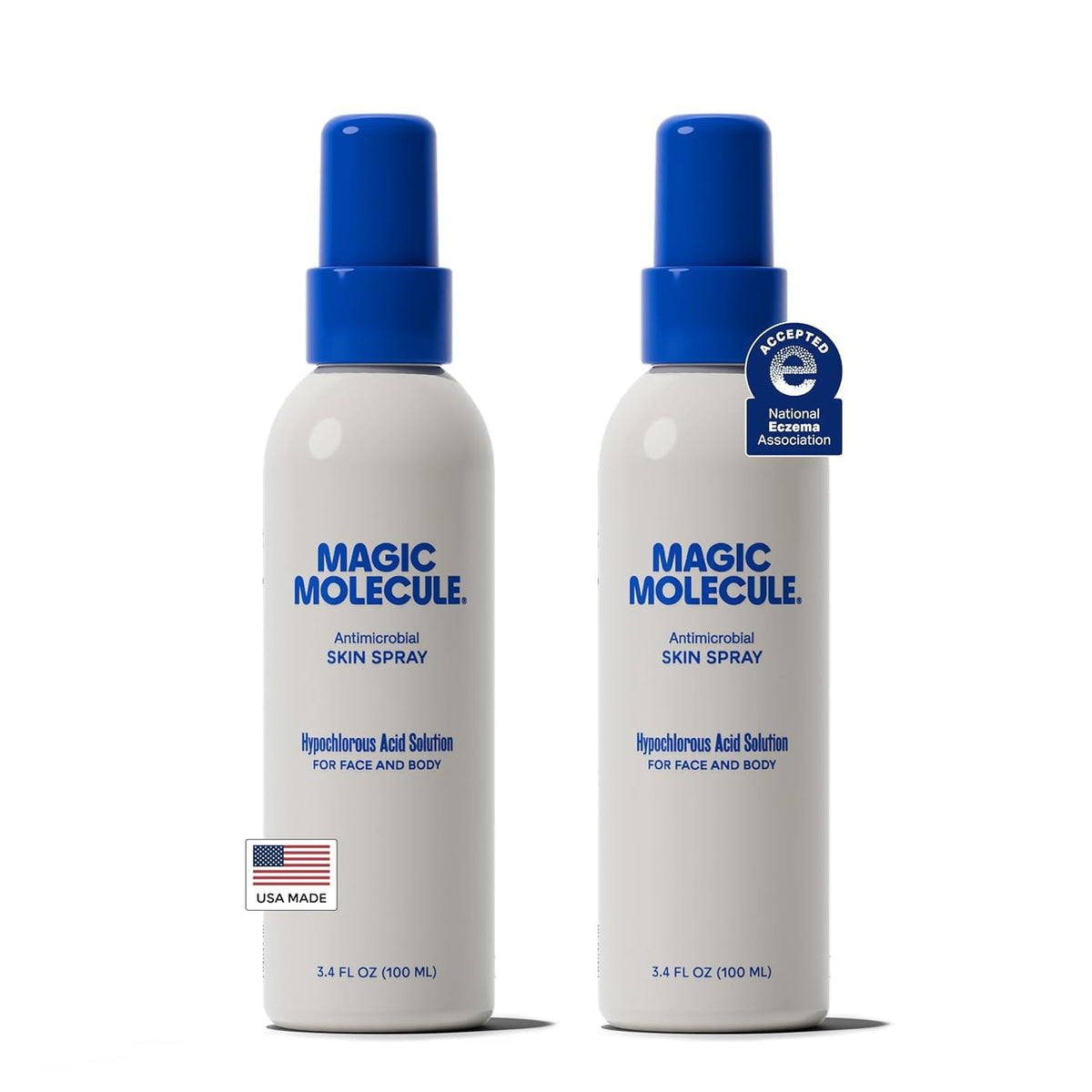 Magic Molecule front packaging showing two travel bottles and clear label, gentle convenience