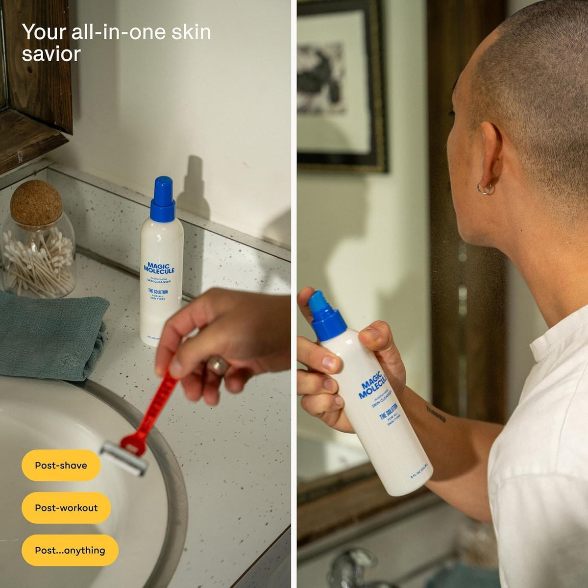 Magic Molecule bottle in hand for size scale and easy, portable skincare benefit
