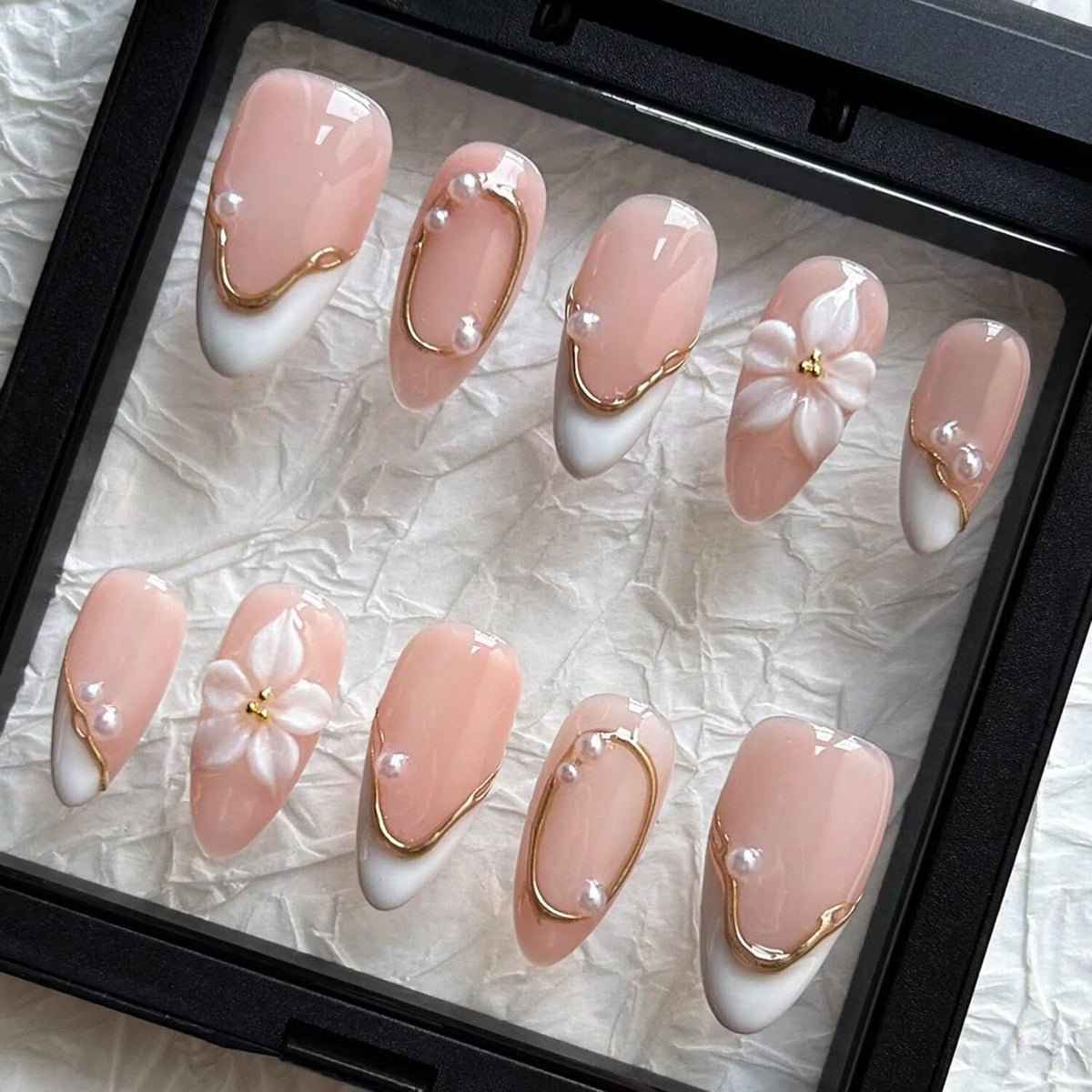 MAGLFELL front packaging view showing almond press-on nails and elegant design benefit