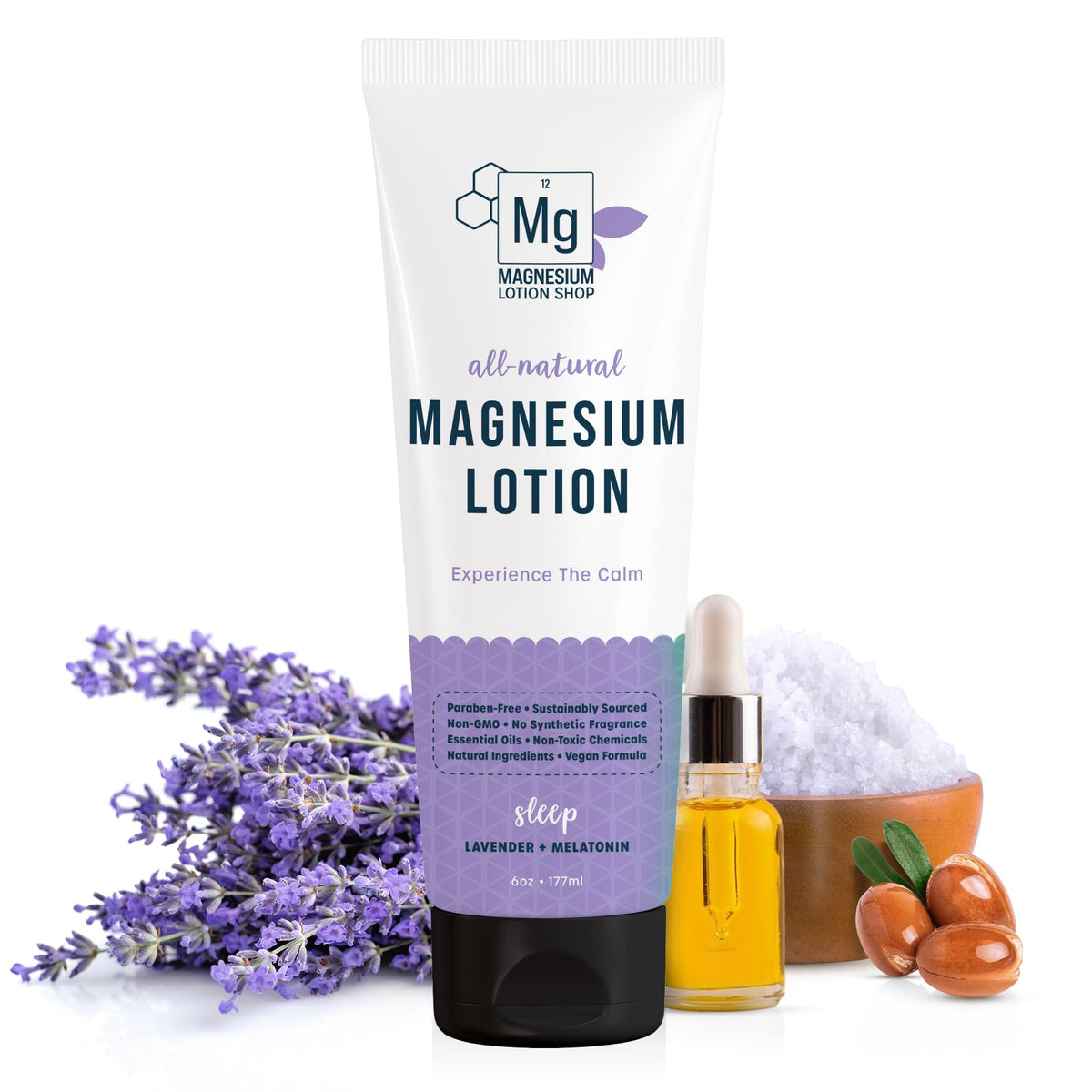 Magnesium Lotion Shop front bottle showing label and lavender fragrance benefit