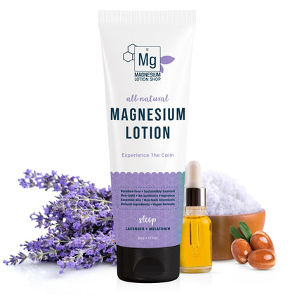 Magnesium Lotion Shop front bottle showing label and lavender fragrance benefit