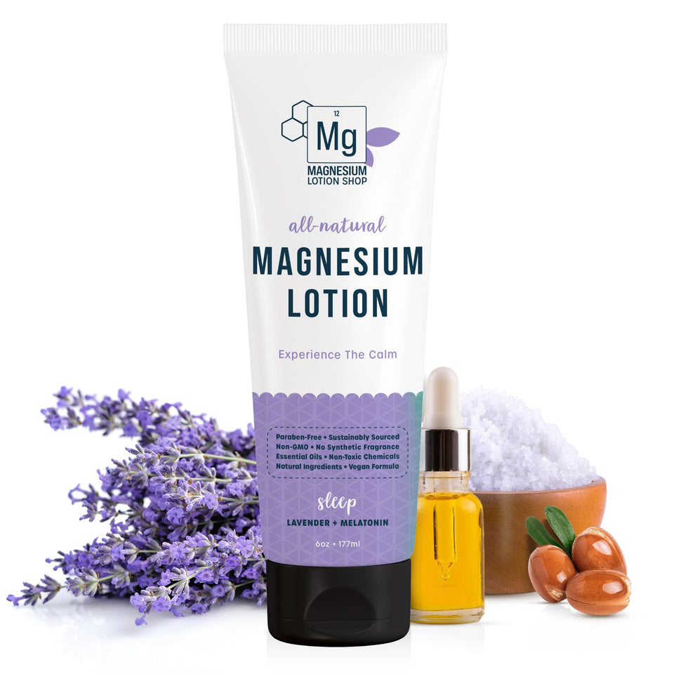 Magnesium Lotion Shop front bottle showing label and lavender fragrance benefit