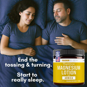 Person applying Magnum Solace to calves to soothe muscles before bed
