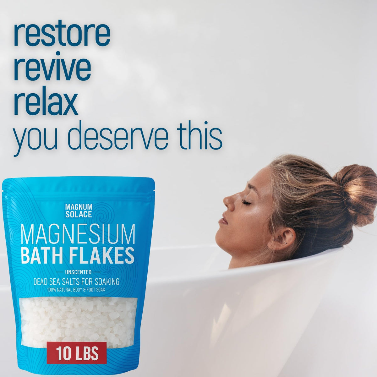 Magnum Solace open bag with visible magnesium flakes ready to dissolve for baths