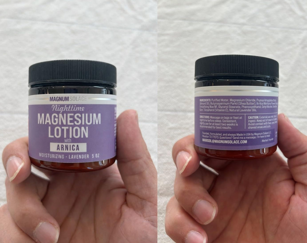 Magnum Solace size comparison with hand to show bottle scale and easy portability