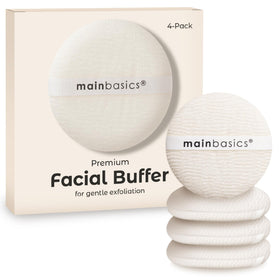 MainBasics front view of face scrubber pad showing compact shape and soft surface benefit