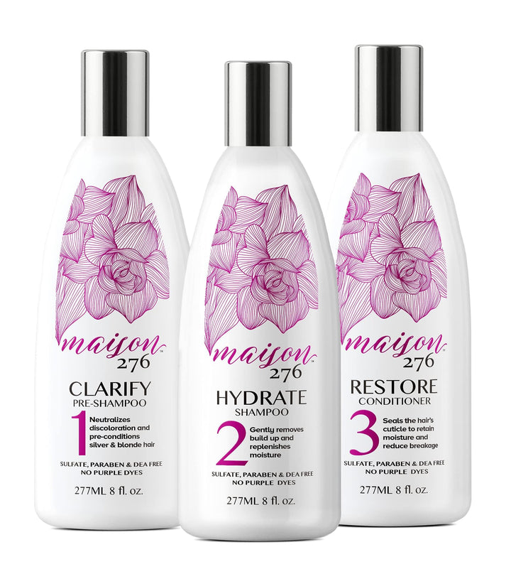 Maison 276 front packaging showing three bottles for complete brightening routine