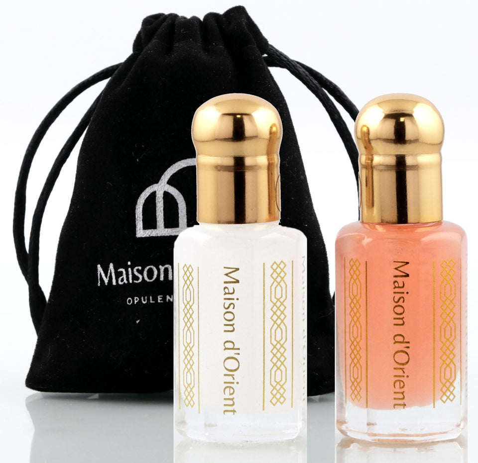 Maison d'Orient twin vials front view showing compact travel-friendly design and elegance