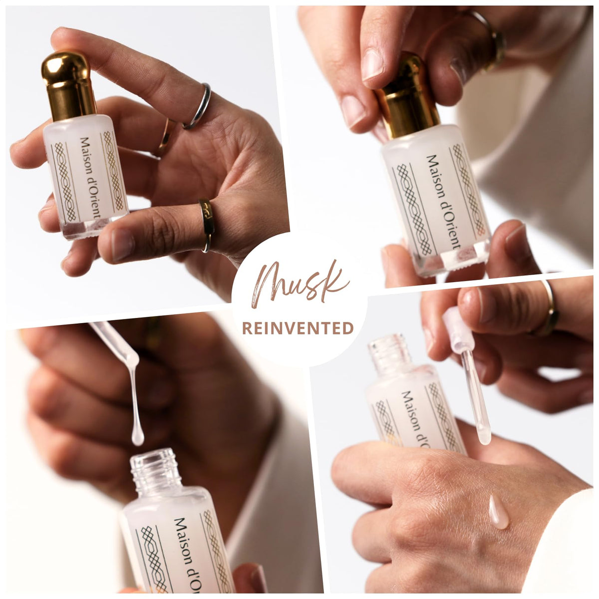 Maison d'Orient pink musk vial close-up highlighting rosy notes and creamy texture benefit