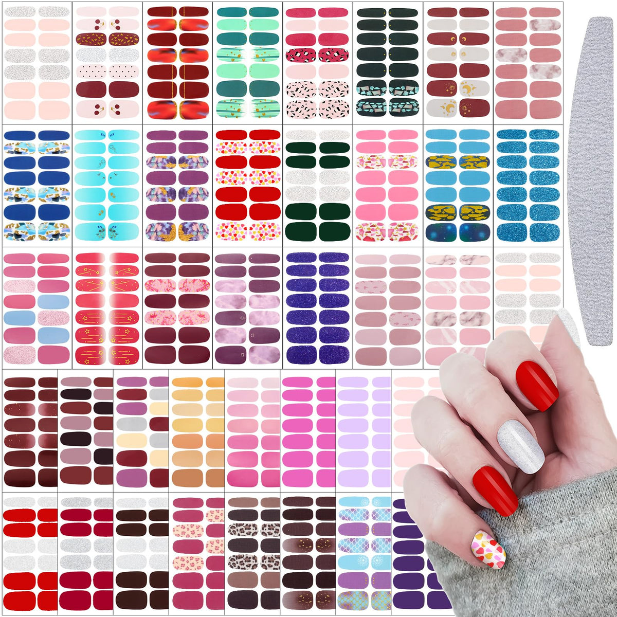Maitys front packaging showing 40 glitter nail wrap sheets and file, showcasing convenience