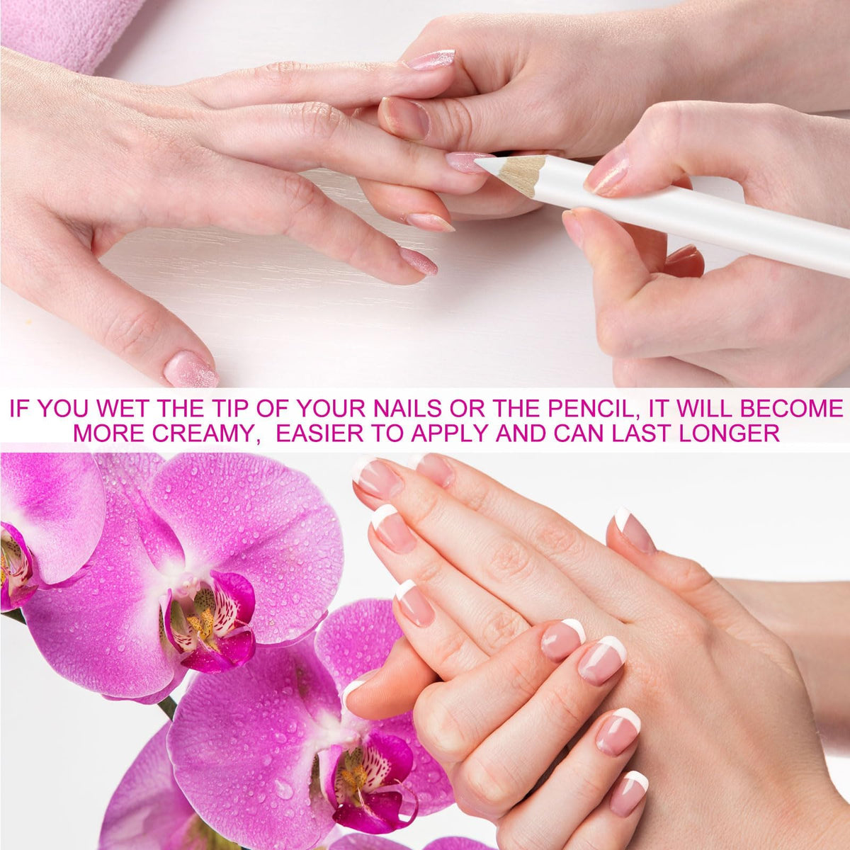 Maitys pencil in use creating a clean French tip edge