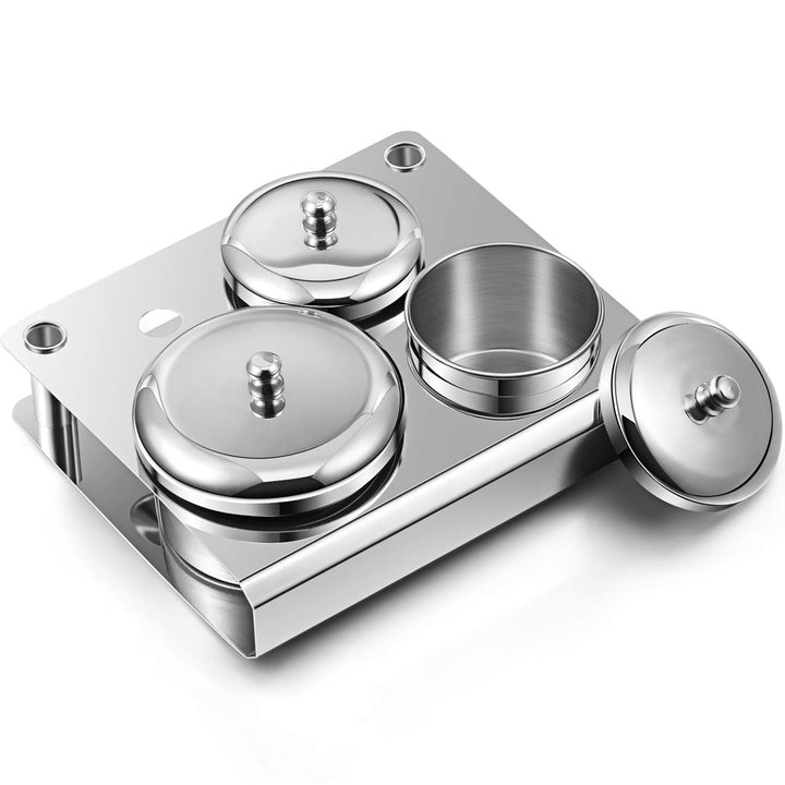 maitys stainless steel cups front view showing set of three and lids for tidy storage