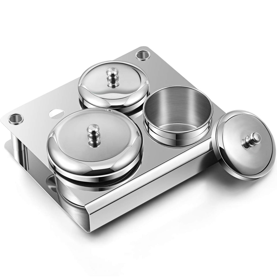 maitys stainless steel cups front view showing set of three and lids for tidy storage