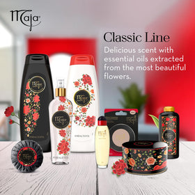 Maja glycerin and essential oils display highlighting hydration and perfume notes