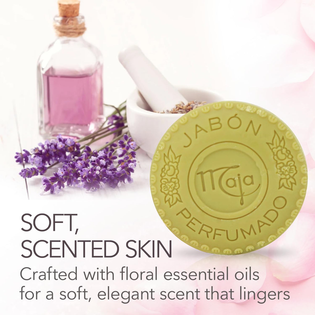 Maja close-up of round soap bar texture and creamy surface, tactile appeal