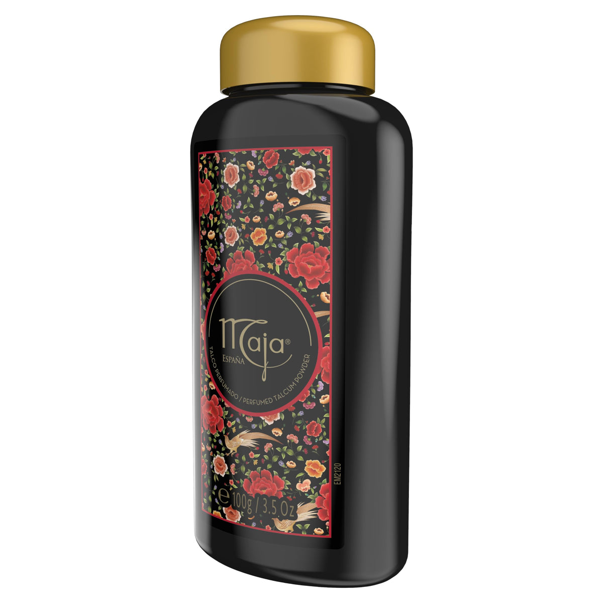 Maja 100 g talc next to travel items illustrating compact, portable size