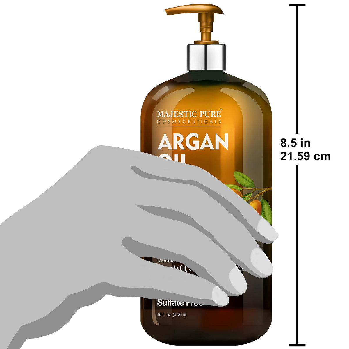 Majestic Pure bottles next to measuring cup to indicate 16 fl oz size