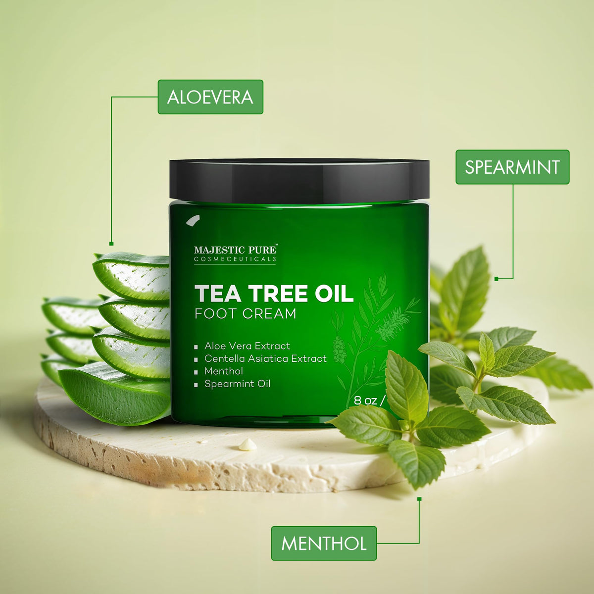 Majestic Pure ingredients display featuring tea tree, aloe and menthol benefits