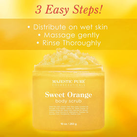 Majestic Pure open jar with visible orange-hued scrub ready to use for smooth skin