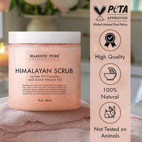 Majestic Pure scrub applied to hand in shower illustrating gentle exfoliation
