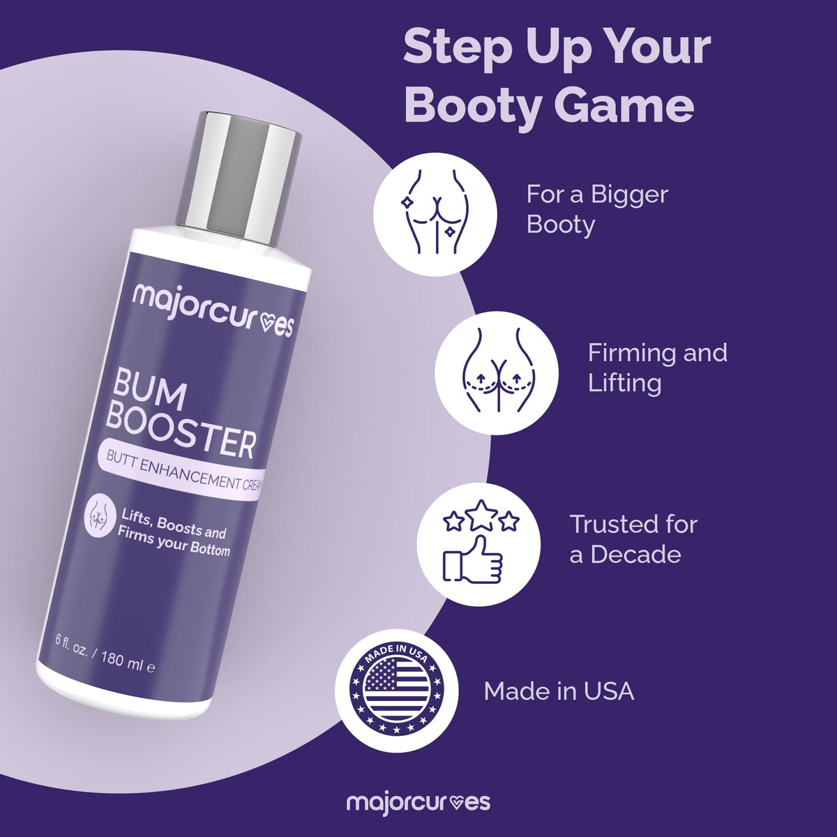 Major Curves cream applied with massage motion to buttocks for visible lift