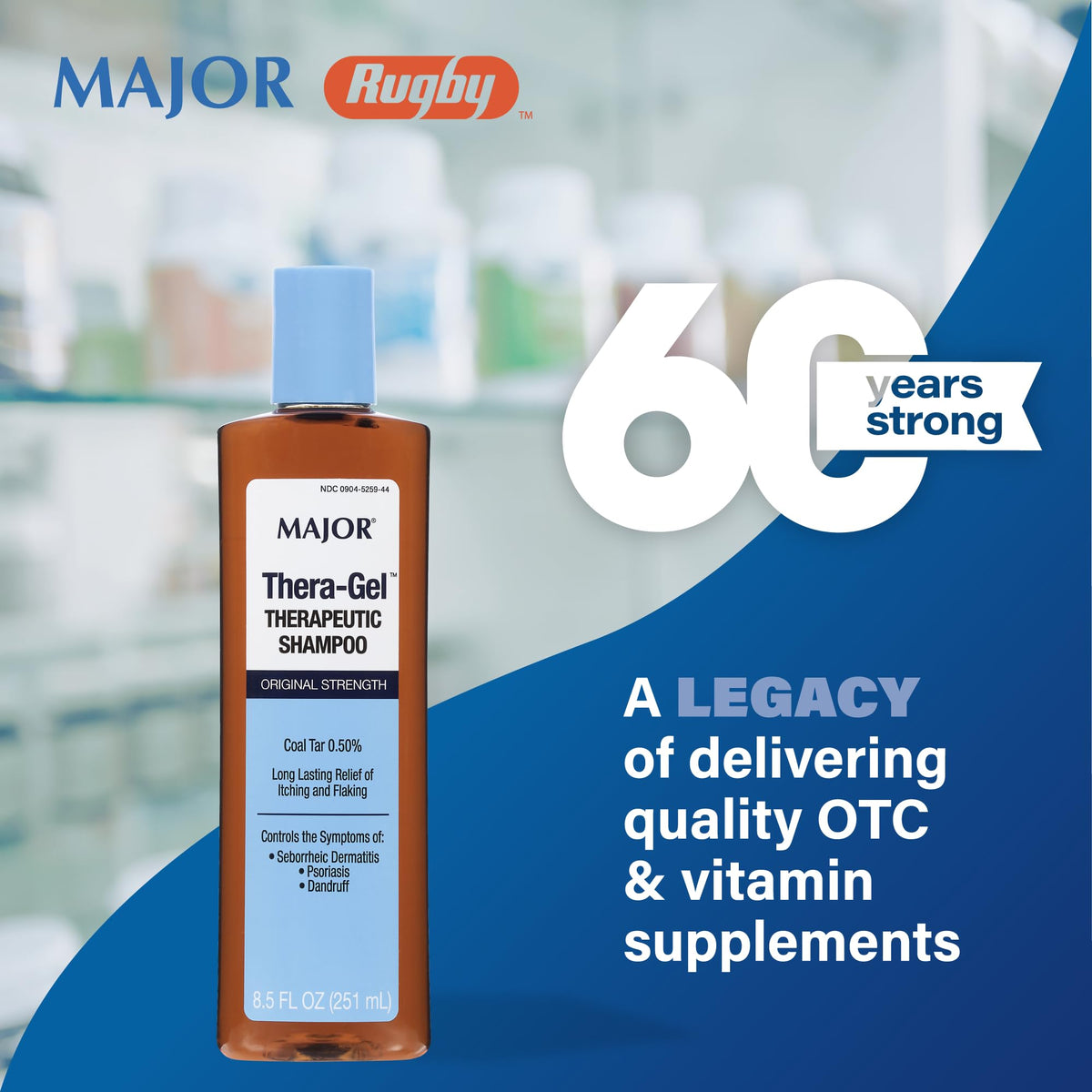 Major bottle on bathroom shelf styled with towel conveying convenient daily routine benefit