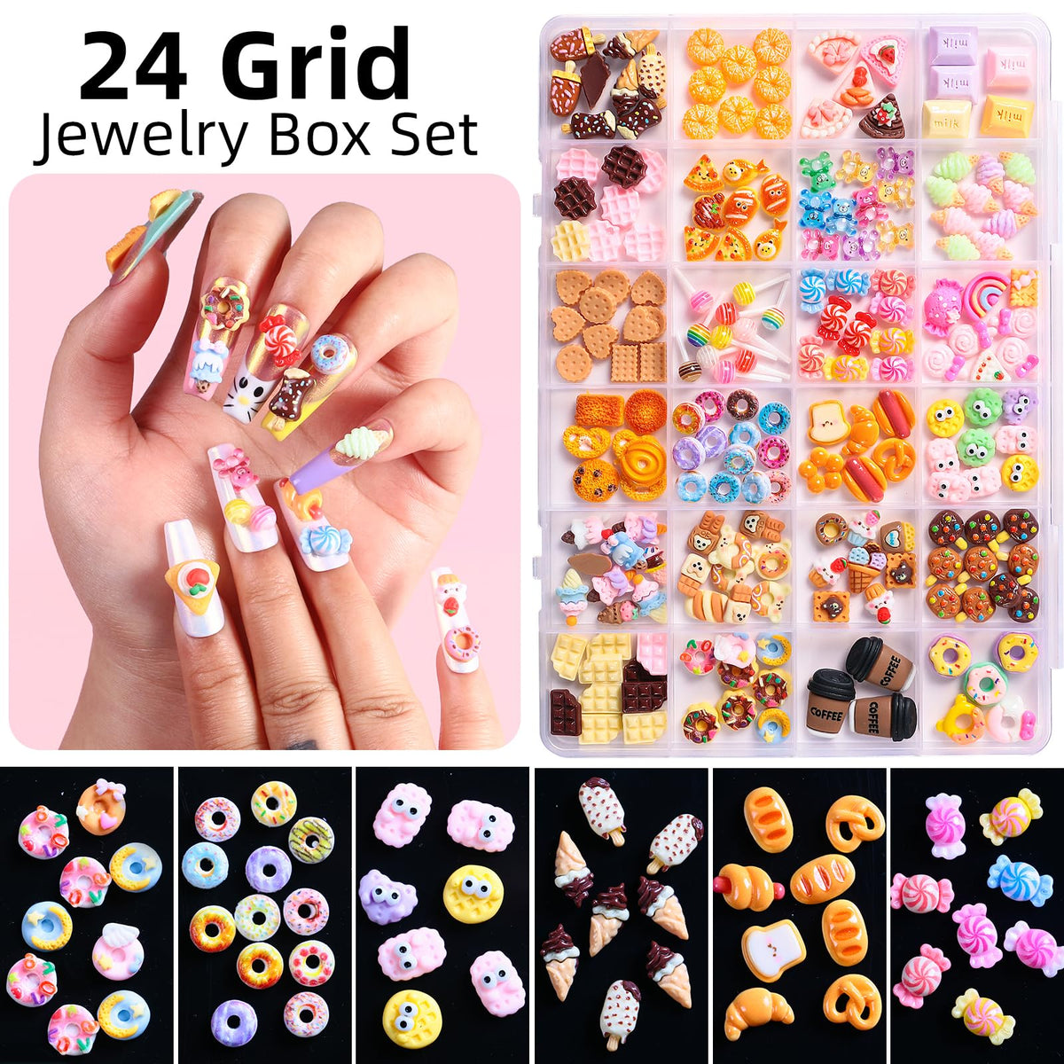 Major Dijit charms applied on nails demonstrating playful finished look