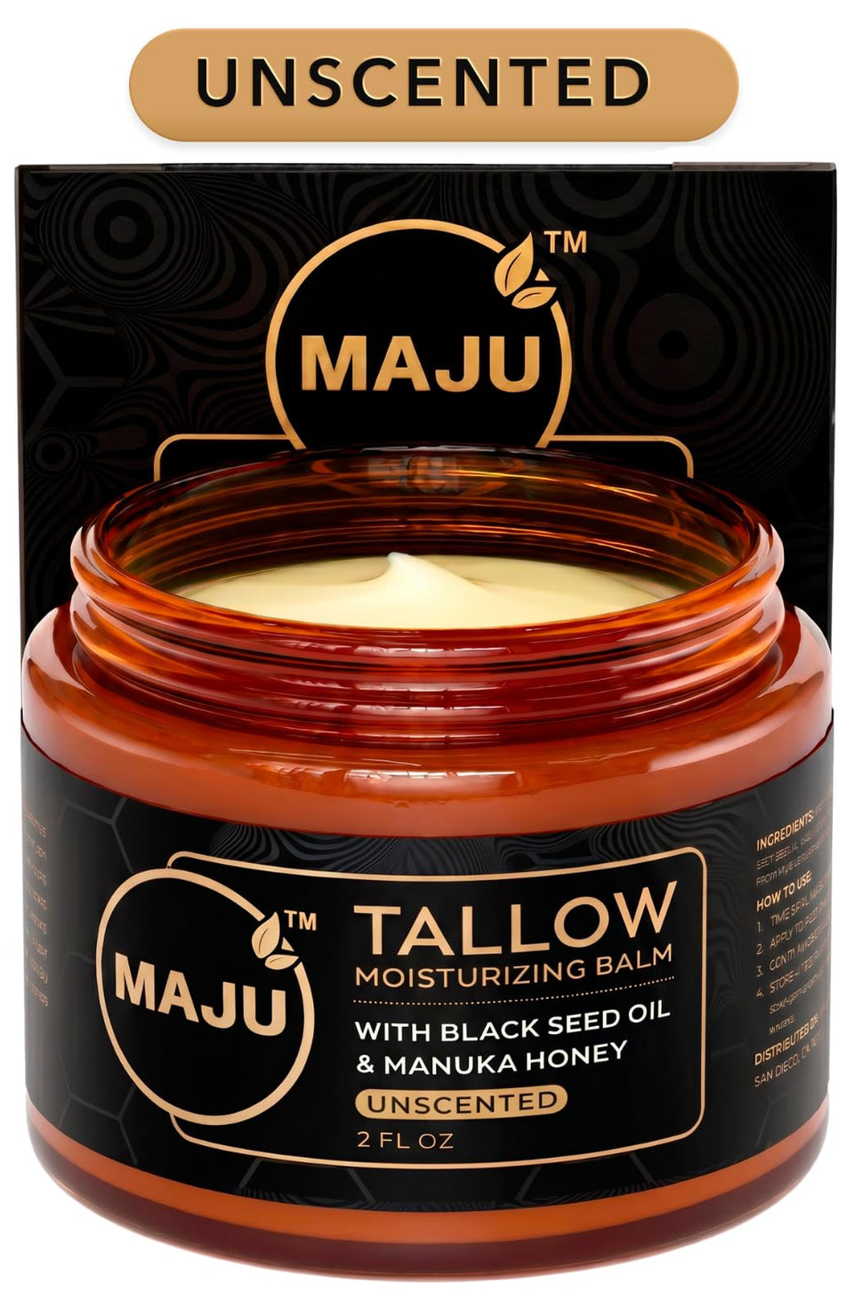 MAJU front jar shot showing label and amber glass preserving potency