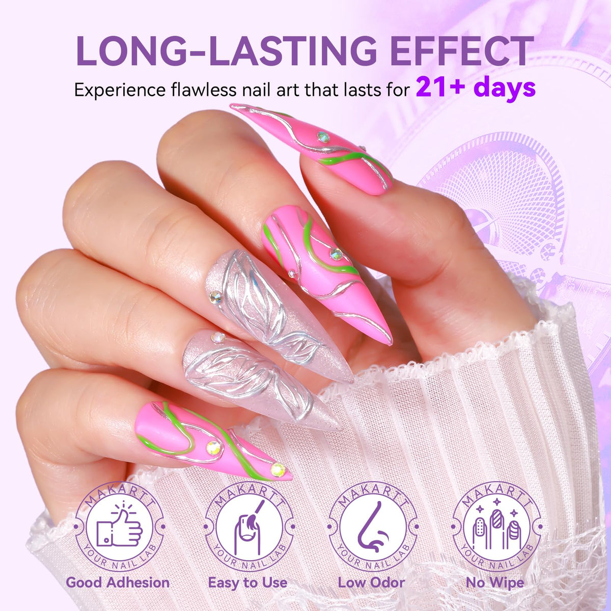Makartt gel mixed with chrome powder creating reflective nail effect