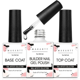 Makartt clear builder gel bottle front showing product and benefit of protective overlay