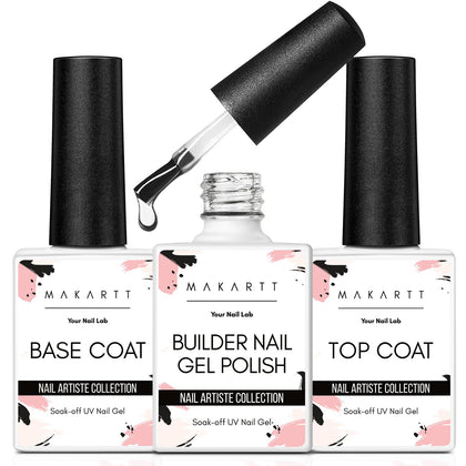 Makartt clear builder gel bottle front showing product and benefit of protective overlay