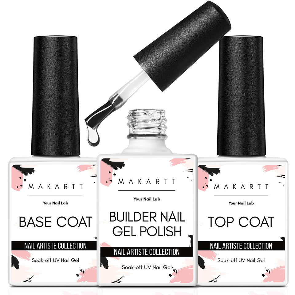 Makartt clear builder gel bottle front showing product and benefit of protective overlay
