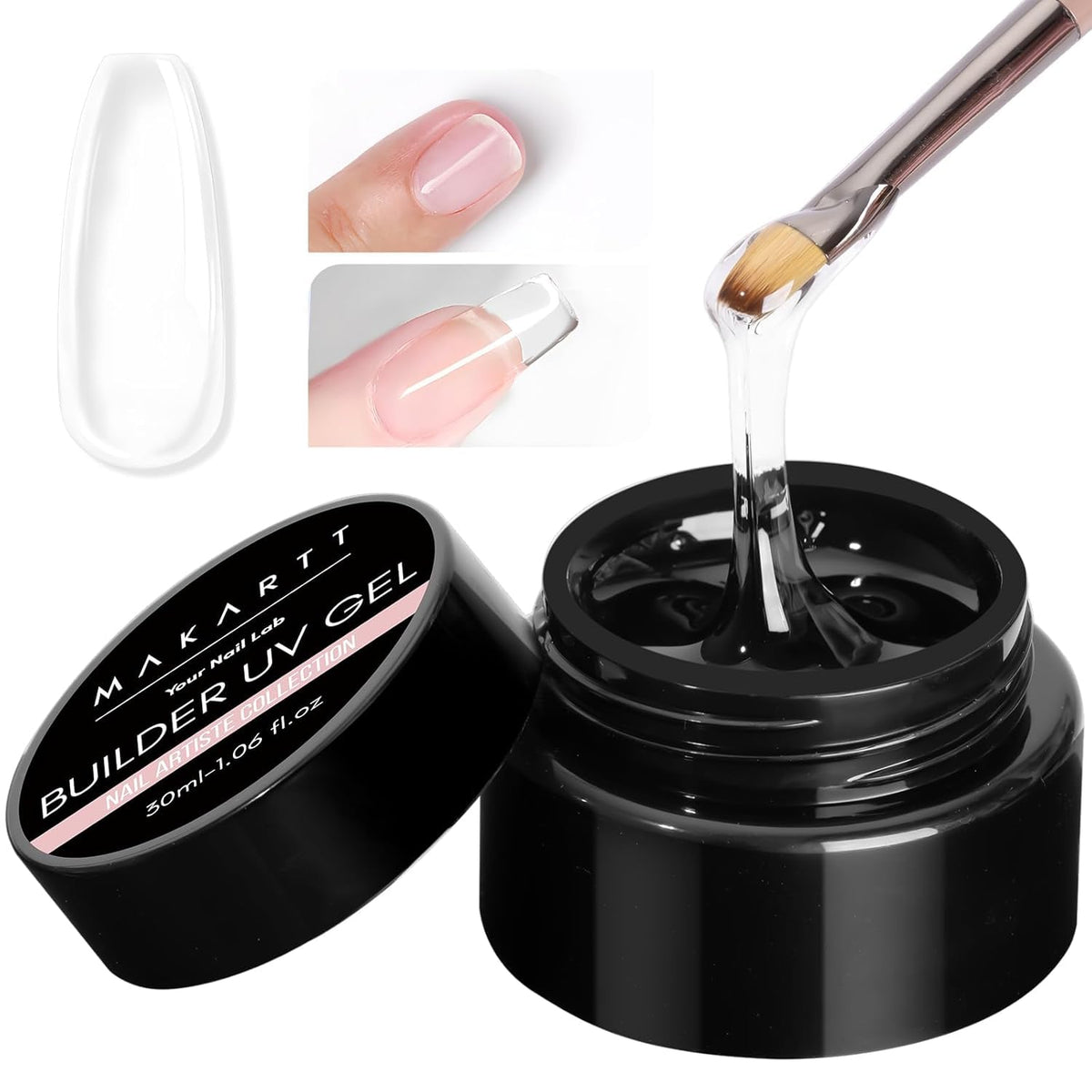 Makartt clear gel builder jar front view showing product packaging and clarity benefit