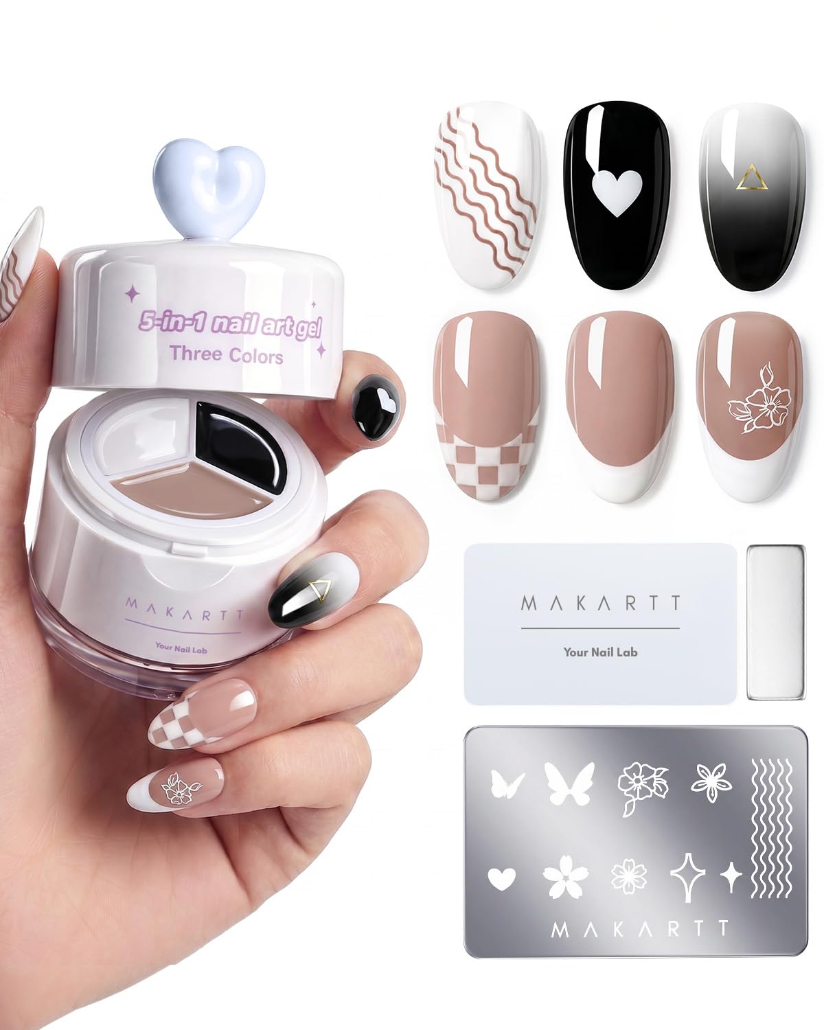 Makartt ColorPot front open showing three gel colors and tools for easy creative nails
