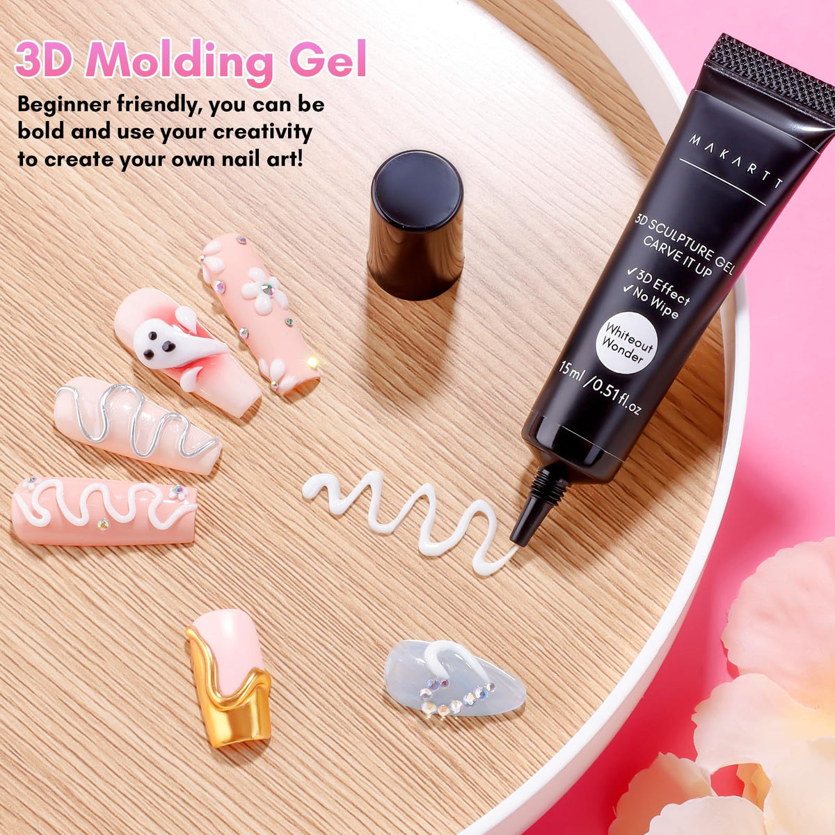 Makartt finished manicure lifestyle shot showing glossy 3D designs