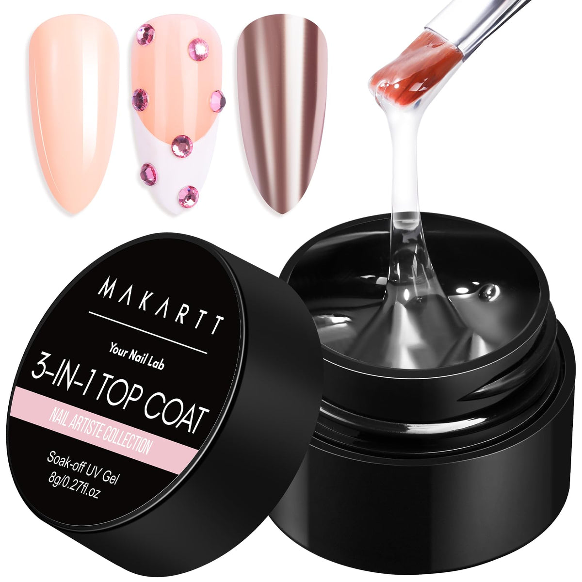 Makartt bottle front view showing clear hard gel top coat with glossy benefit