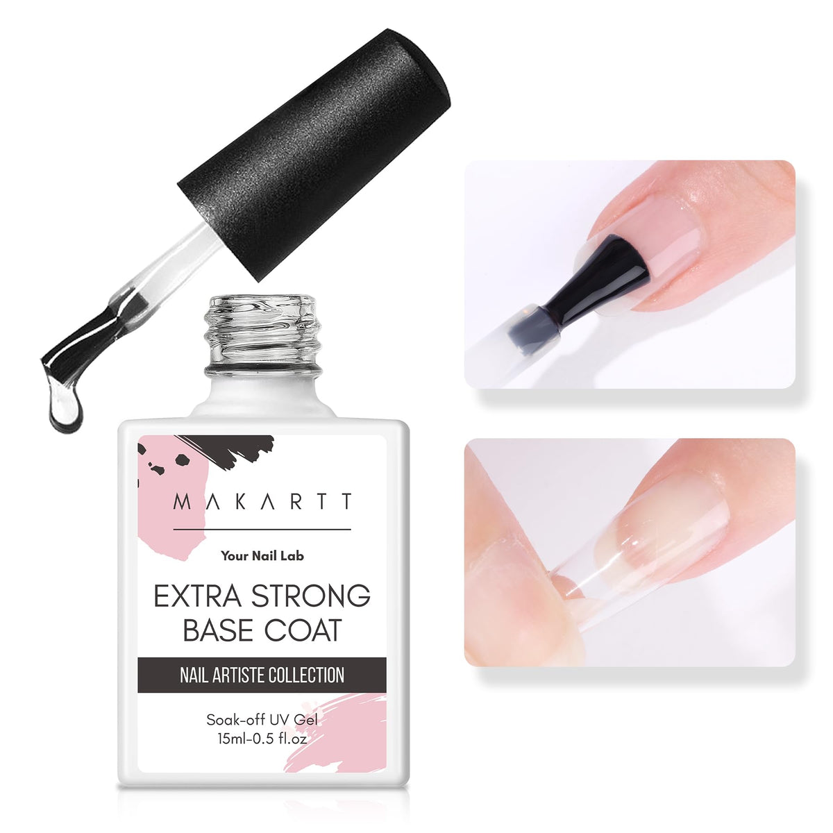 Makartt clear base coat front bottle view showcasing professional packaging and long-lasting bond