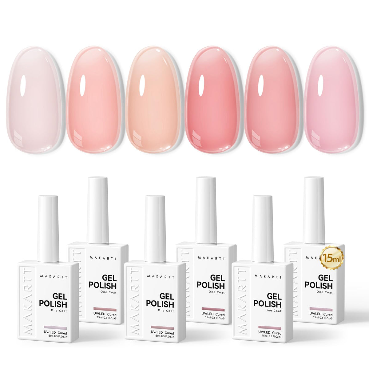 Makartt front packaging showing six 15ml jelly nude pink bottles and kit benefit