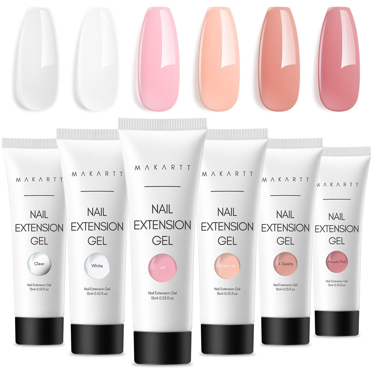 Makartt front packaging showing six neutral poly gel bottles and benefits