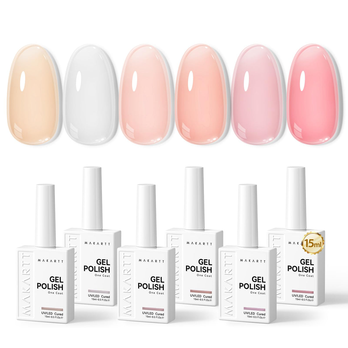 Makartt front packaging showing six 15ml jelly pink gel bottles for versatile manicures