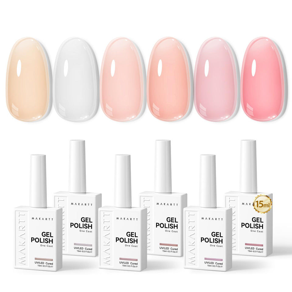 Makartt front packaging showing six 15ml jelly pink gel bottles for versatile manicures