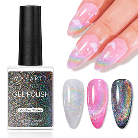 Makartt bottle front view showing rainbow cat eye polish, vivid holographic shine benefit